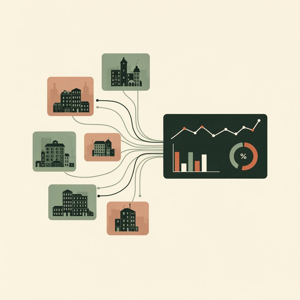 Multiple hotel properties feeding data into a single unified dashboard